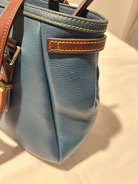 Dooney & Bourke Blue Leather Tote with Brown Trim and Gold Hardware - Picture 15 of 15
